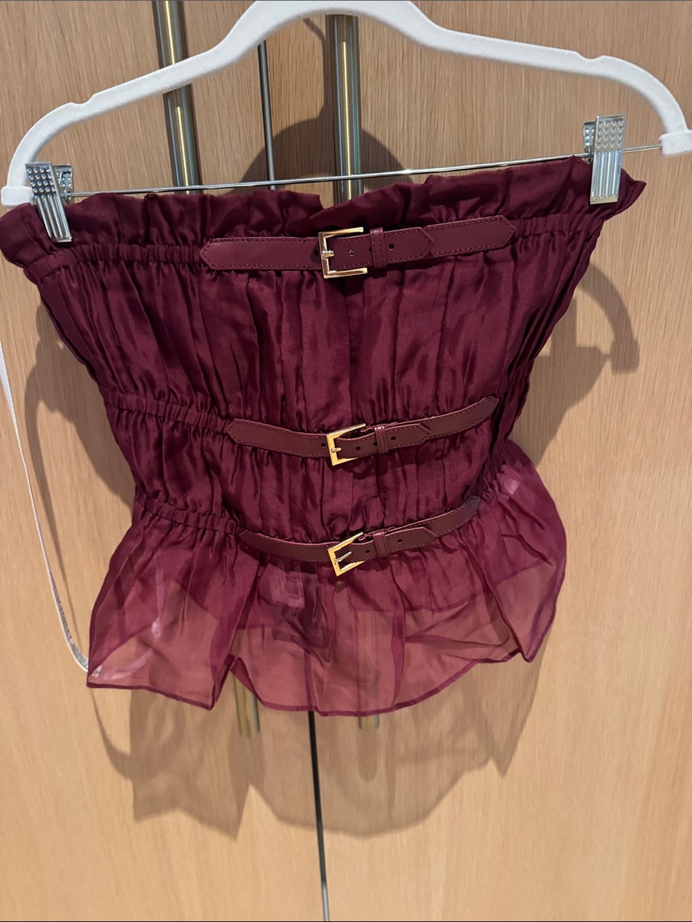 Cynthia Rowley Burgundy Strapless  organza top with Gold Buckles